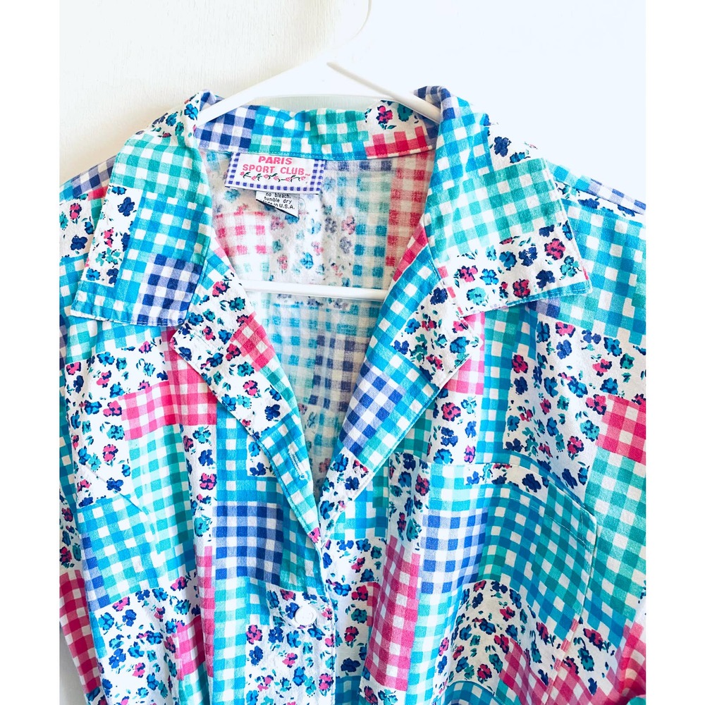 L Vtg Patchwork Gingham Crop Top Button Down Tie … - image 2